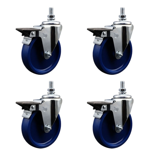 5 Inch Solid Polyurethane 10 MM Threaded Stem Caster Set with Brake